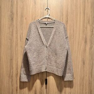 COS Speckled Gray Chunky Wool Silk V-Neck Cardigan Sweater Size L